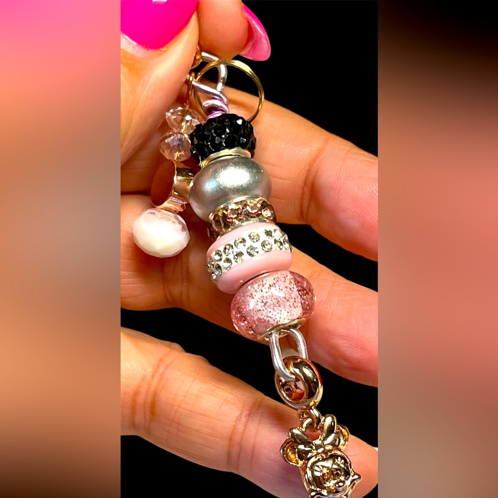 🦋Pandora like charms with pink crystals and bead accent purse bling